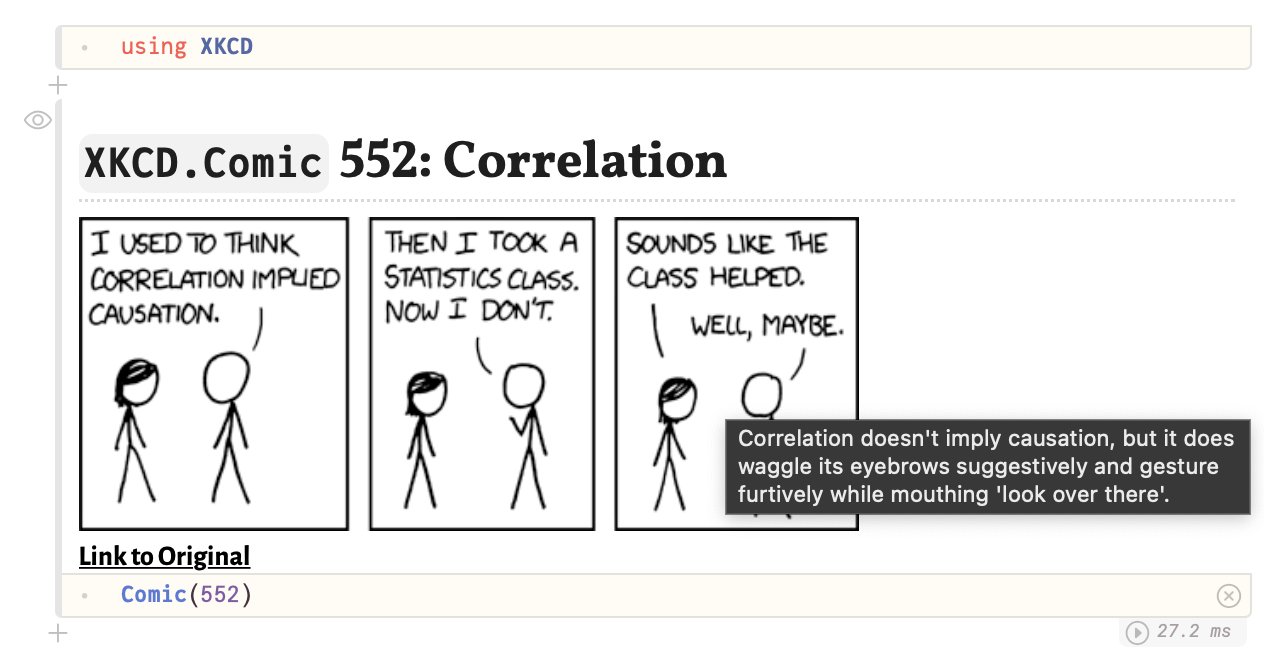 JuliaForDataSci's tweet card. A common way to access data is through web APIs that return a JSON response. In this post we'll look at how the XKCD.jl package implements a user-friendly interface for accessing the xkcd webcomic's...
