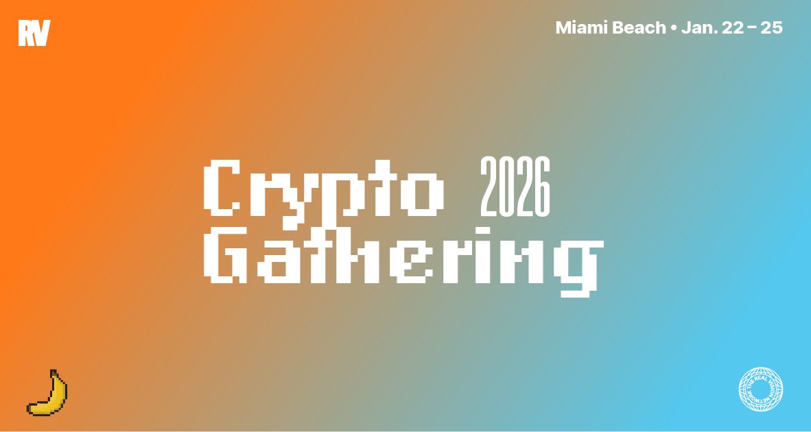 RealVision's tweet card. Join us in Miami from Jan 22 to Jan 25 for Crypto Gathering 2026. Not a conference. A community gathering.