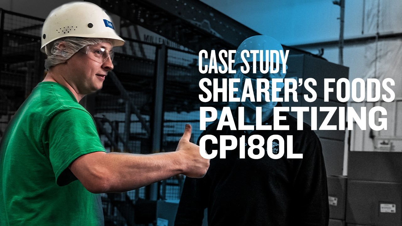 KawasakiRobot's tweet card. Case Study: Shearer's Foods Palletizing CP180L