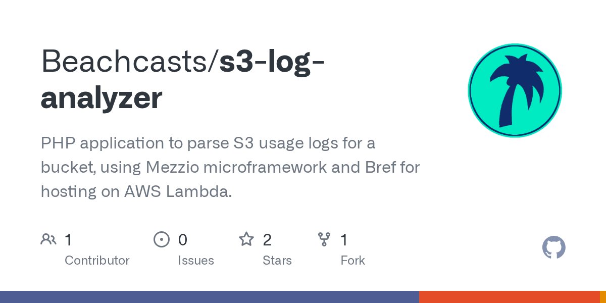 Beachcasts's tweet card. PHP application to parse S3 usage logs for a bucket, using Mezzio microframework and Bref for hosting on AWS Lambda. - Beachcasts/s3-log-analyzer