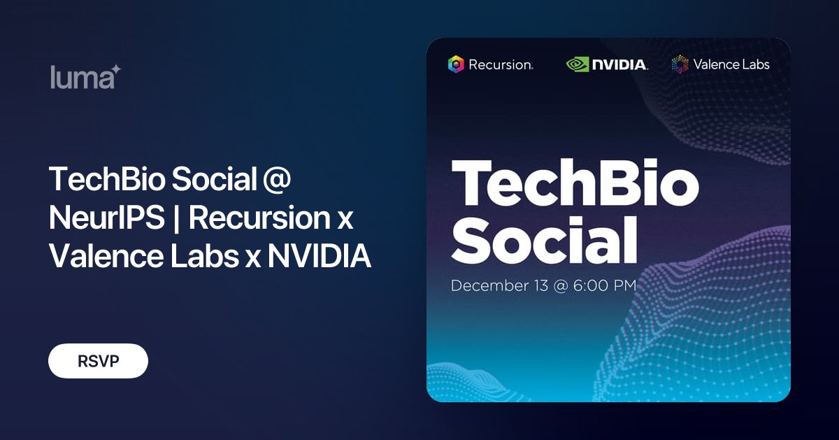 valence_ai's tweet card. Calling all TechBio enthusiasts attending NeurIPS 2023! Recursion, Valence Labs, & NVIDIA are thrilled to extend an invitation to researchers, professors,…