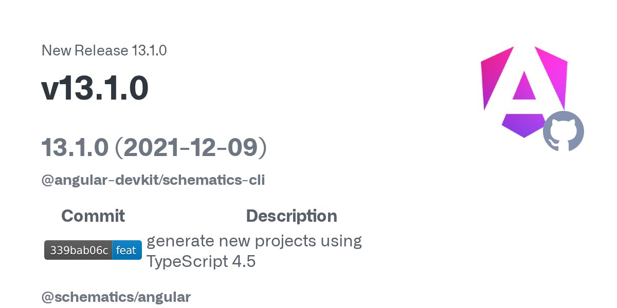 angular's tweet card. 13.1.0 (2021-12-09) @angular-devkit/schematics-cli Commit Description generate new projects using TypeScript 4.5 @schematics/angular Commit Description add VS Code configurations...