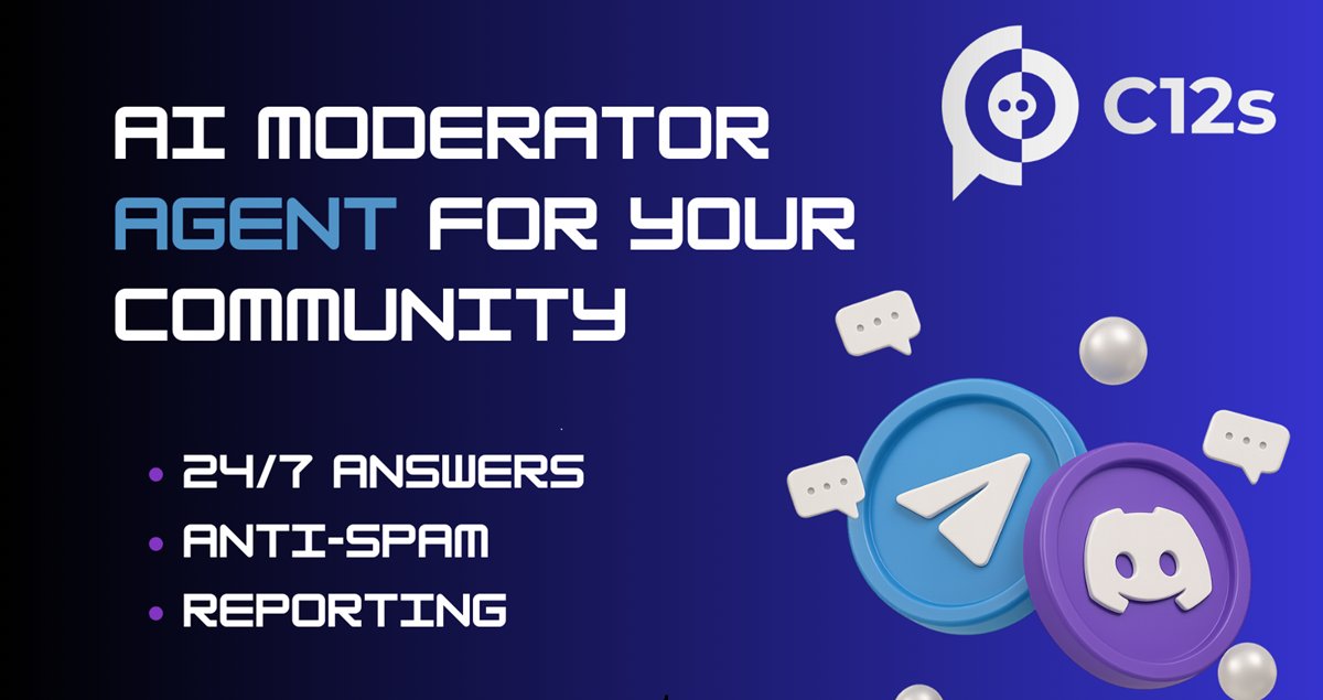 C12s_AI's tweet card. Automate moderation and support. C12s gives instant, on-brand answers from your knowledge base, deletes spam/scams, and delivers actionable reports—so your mods focus on high-value work.