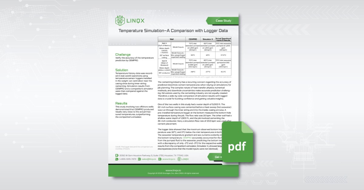 LinqxSolutions's tweet card. In the world of cementing, predicting downhole temperature is more than a planning step—it’s a critical part of engineering a safe and successful job. Whether you’re calculating thickening times,...