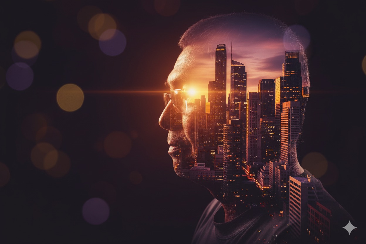 mfaenlle's tweet card. Create a cinematic double exposure portrait with Google Gemini using a photo, city skyline, and creative lighting.