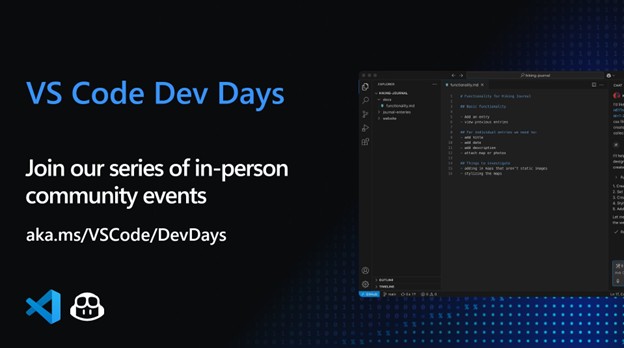 MSFTReactor's tweet card. Join a VS Code Dev Days event to learn about GitHub Copilot in VS Code