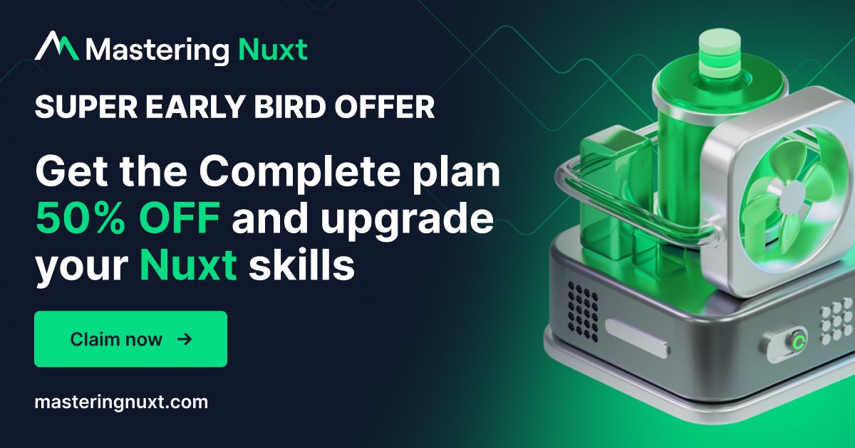 MasteringNuxt's tweet card. The complete guide to developing and deploying fast, production-ready Nuxt apps. MasteringNuxt is the most in-depth, fun, and realistic course made on Nuxt.