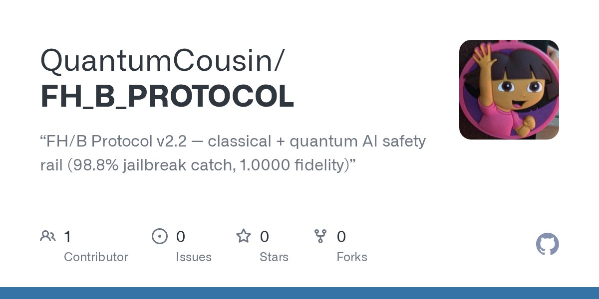 QuantumCousin's tweet card. “FH/B Protocol v2.2 — classical + quantum AI safety rail (98.8% jailbreak catch, 1.0000 fidelity)” - QuantumCousin/FH_B_PROTOCOL