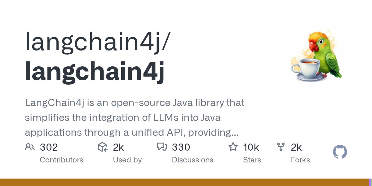 langchain4j's tweet card. LangChain4j is an open-source Java library that simplifies the integration of LLMs into Java applications through a unified API, providing access to popular LLMs and vector databases. It makes impl...