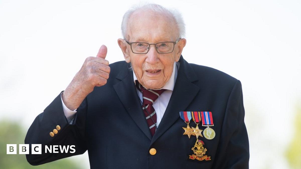 BBCBreaking's tweet card. The 100-year-old war veteran raised £32m for NHS charities by completing 100 laps of his garden.