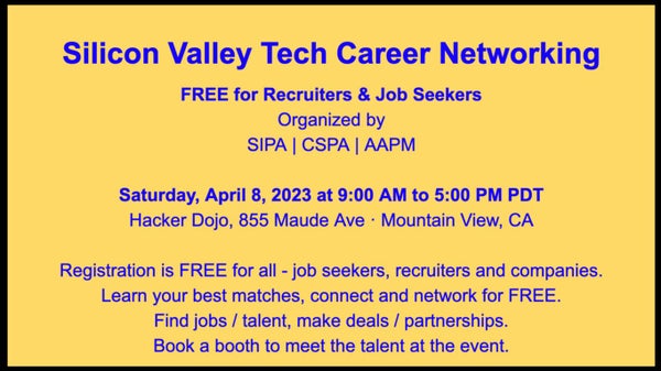 hackerdojo's tweet card. Silicon Valley Tech Career Fair & Networking connects all types of tech companies (including AI, Blockchain, IoT, Robotics, AR/VR, EdTech, HealthCare, Cloud, Big Data, etc.