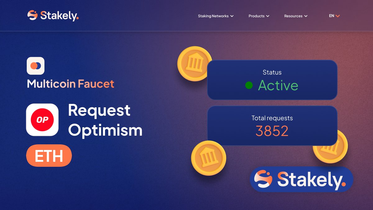 c0w3b's tweet card. Request Mainnet tokens for Optimism with Stakely's Faucet. Perfect for development, testing, and network fee coverage.