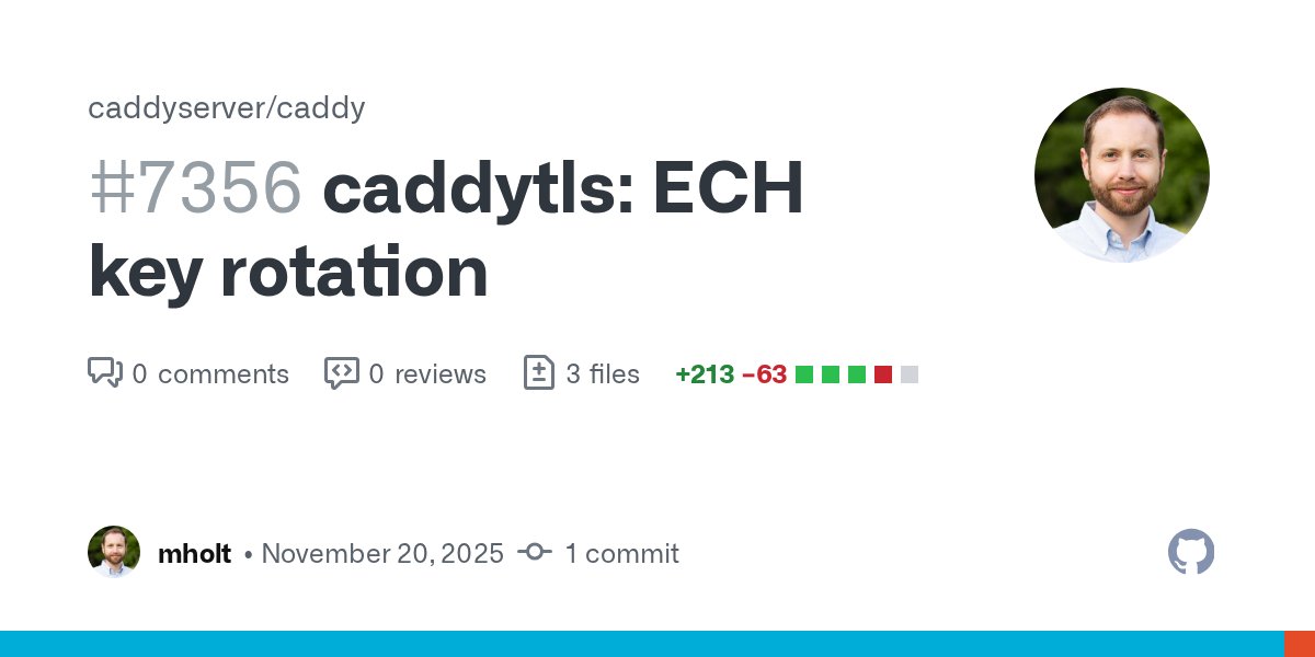 mholt6's tweet card. This change implements ECH key rotation, made possible in Go 1.25 thanks to the GetEncryptedClientHelloKeys callback in tls.Config. Currently, keys are rotated every 30 days, and are supported for ...