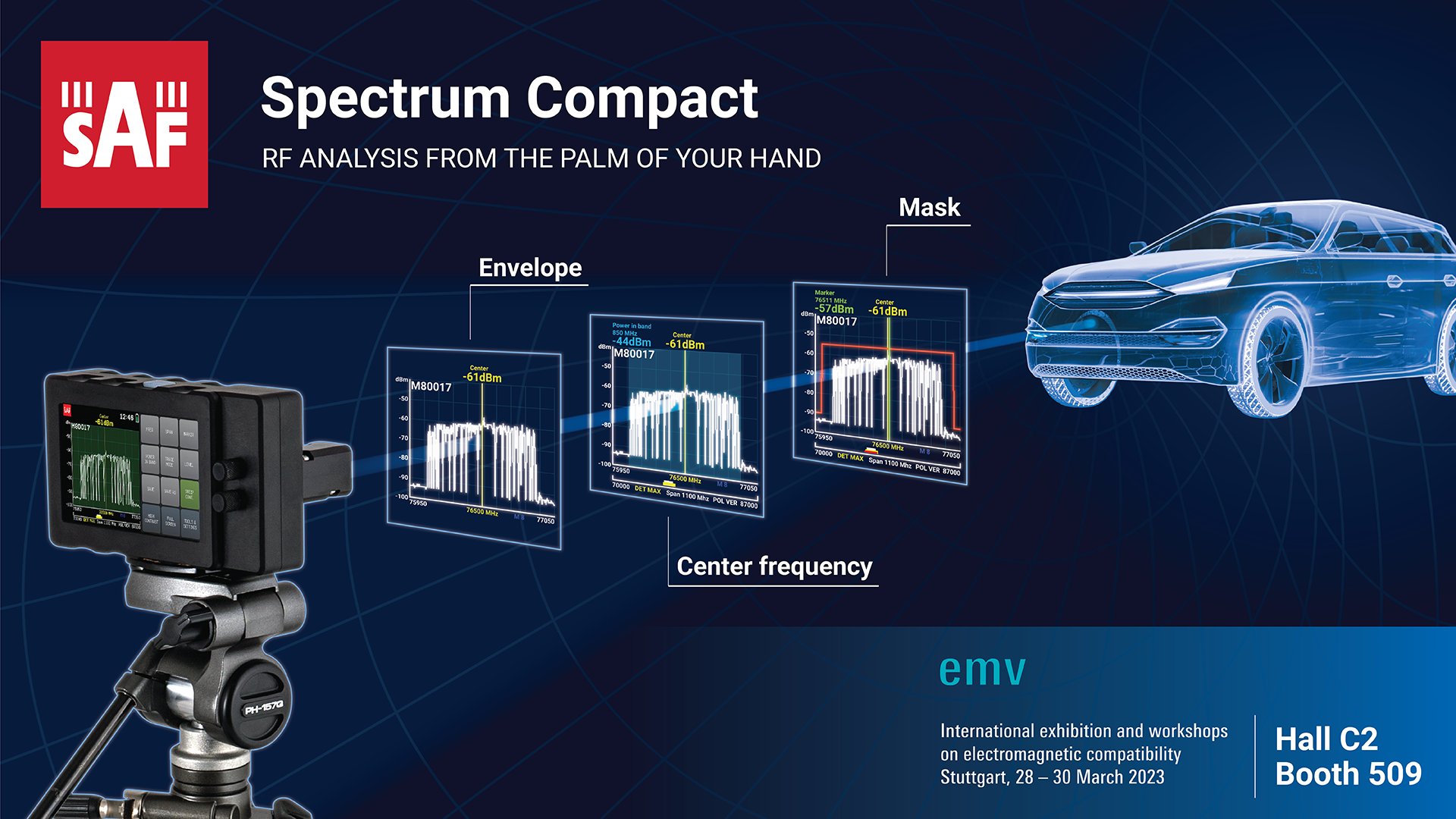 SAFTehnika's tweet card. Visit SAF at EMV 2023 on March 28-30 in hall C2 stand #509 where our experts will explain how Spectrum Compact analyzers can optimize radar testing.