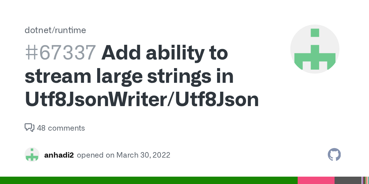 davidfowl's tweet card. EDIT See #67337 (comment) for an API proposal. Background and motivation I have a requirement to write large binary content in json. In order to do this, I need to encode it to base64 before writin...