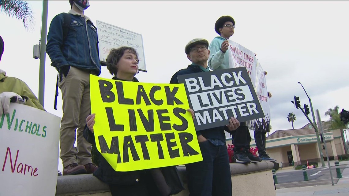 CBS8's tweet card. A protest was held over the death of Tyre Nichols and Keenan Anderson, who died in police custody.