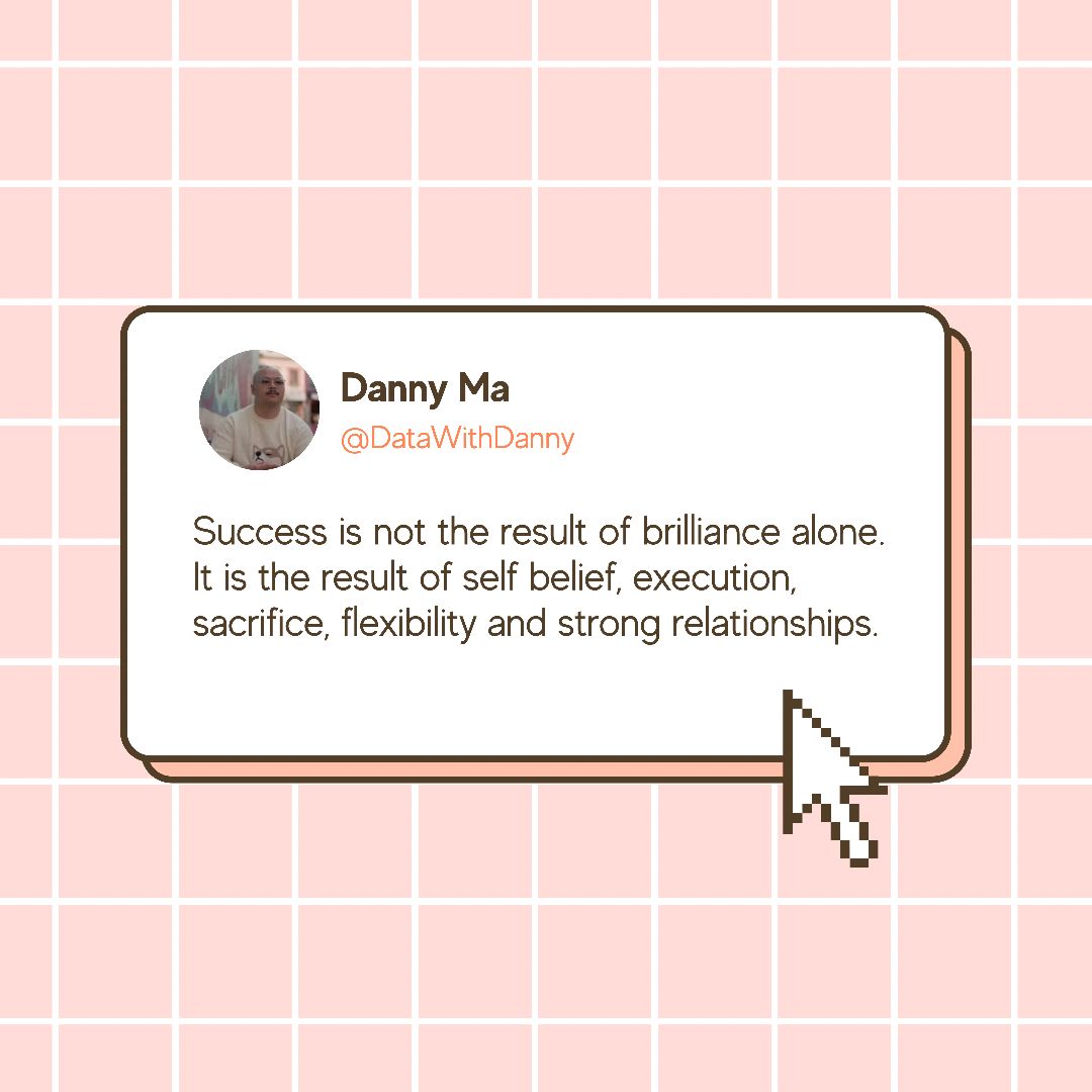 DataWithDanny's tweet card. What is success to you? 🙂 Personally, I’m still trying to figure out what it all means - and I am here to enjoy the journey! #datawithdanny #data #success | 17 comments on LinkedIn