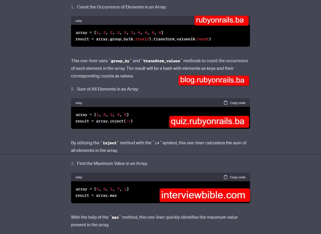 nezirzahirovic's tweet card. One-liners, concise lines of code that perform a specific task, are particularly popular among Ruby developers for their simplicity and efficiency. In this blog post, we will explore 10 of the most...