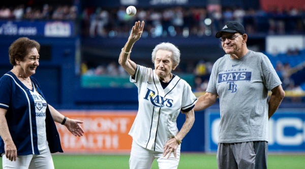 NashSpaceBroker's tweet card. A Holocaust survivor threw the first pitch at a Tampa Bay Rays game to celebrate her 100th birthday.