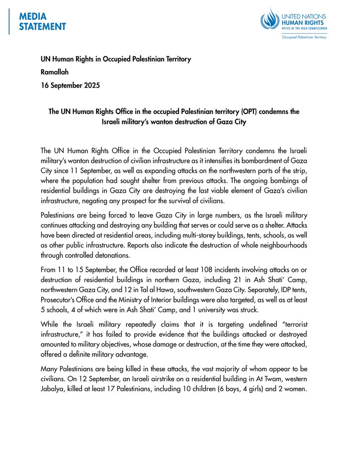 OHCHR_Palestine's tweet card. News and Press Release in English on occupied Palestinian territory about Protection and Human Rights; published on 16 Sep 2025 by UN HRC