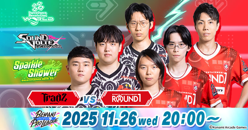 BemaniProLeague's tweet card. 「BEMANI PRO LEAGUE -SEASON 5-」のレギュラーステージ 第1試合（TAITO STATION Tradz vs ROUND1）の試合情報です