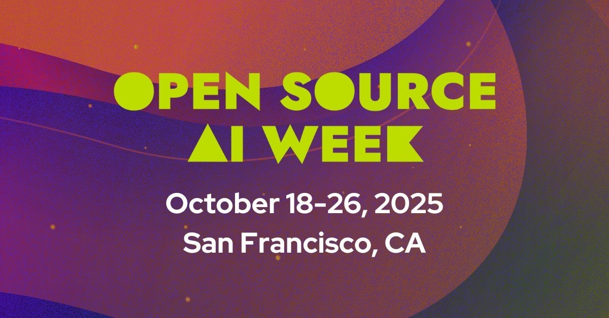 openteamsinc's tweet card. Open Source AI Week in the Bay Area between Oct 18-26, 2025 features top AI/ML conferences, hackathons, & networking you won’t want to miss!