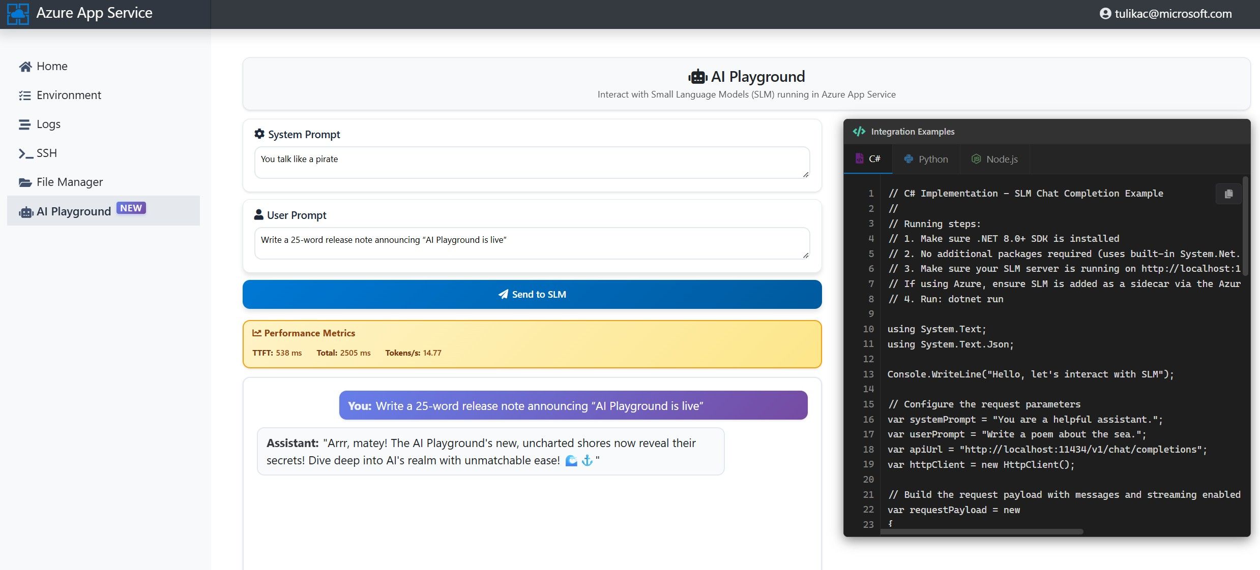 AzureWeekly's tweet card. If you’re running a Small Language Model (SLM) as a sidecar with your web app, there’s now a faster way to try prompts, measure latency, and copy working...