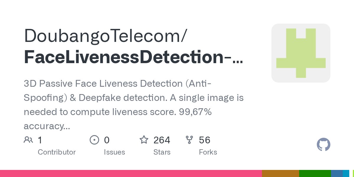 DoubangoTelecom's tweet card. 3D Passive Face Liveness Detection (Anti-Spoofing) & Deepfake detection. A single image is needed to compute liveness score. 99,67% accuracy on our dataset and perfect scores on multiple pu...