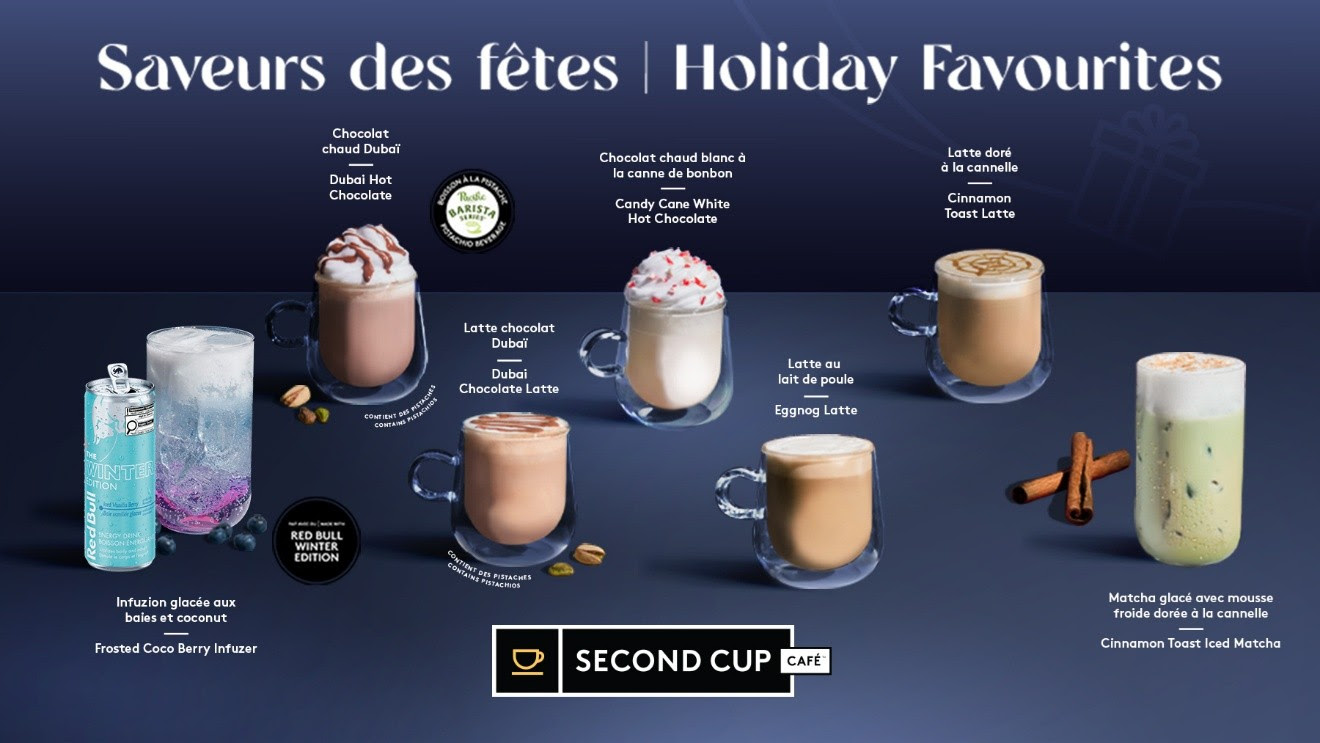 GTAWeeklyNews's tweet card. Second Cup Café debuts its 2025 holiday menu, featuring Canada’s first pistachio non-dairy beverage in the Dubai Chocolate Latte and Hot Chocolate.