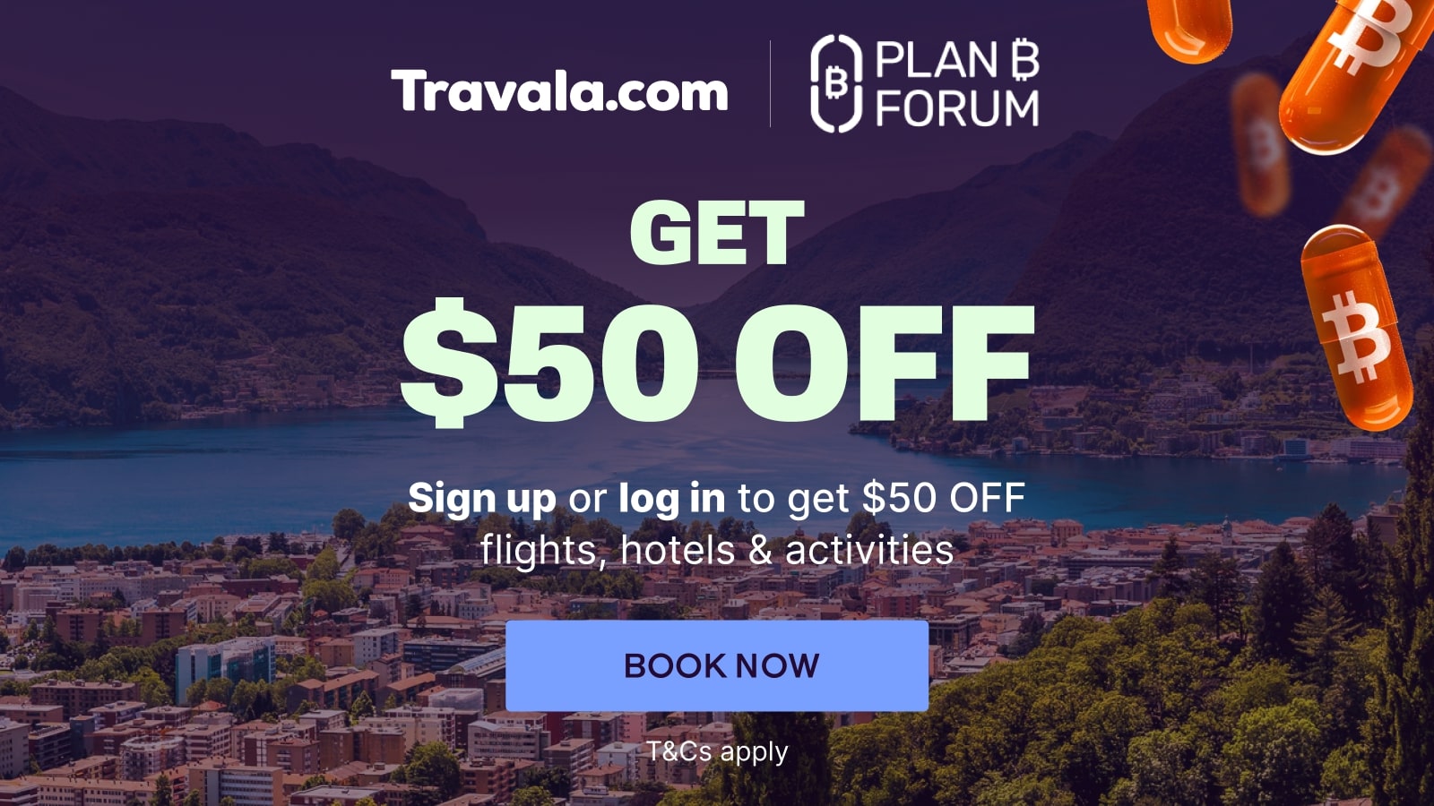 travalacom's tweet card. Get $50 off flights, hotels, and activities for the Plan B Forum Lugano 2025! Book your trip with Travala now!