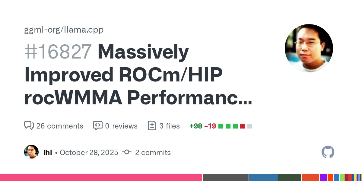 idxx's tweet card. In the HIP BUILD docs -DGGML_HIP_ROCWMMA_FATTN=ON is recommended for improved FA performance for RDNA3+/CDNA and in broad pp512/tg128 performance testing it is usually the best option, but some use...
