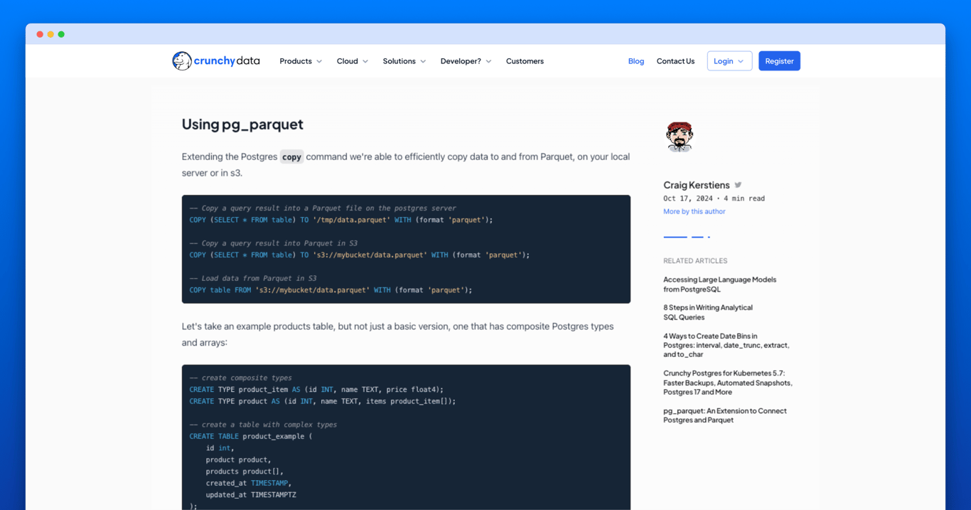 planetpostgres's tweet card. Crunchy Data is excited to release a new extension so you can write Postgres data to Parquet and or pull data from Parquet to Postgres. Craig has the details and sample code.