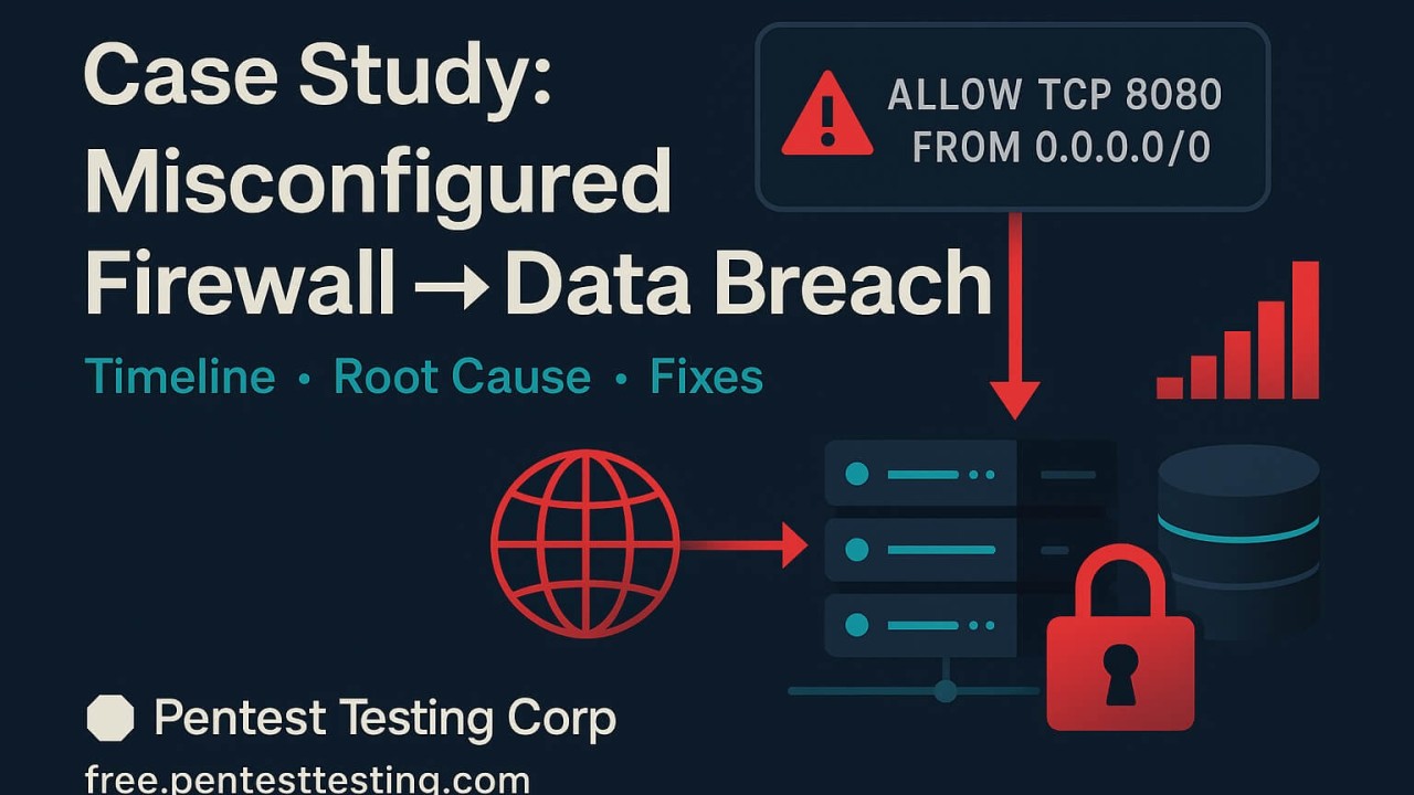 pentesttesting's tweet card. An anonymized case study: one misconfigured firewall rule led to a full data breach—timeline, root cause, and prevention with step-by-step fixes + code examples