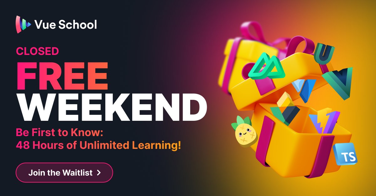 VueSchool_io's tweet card. Sign up for Vue School's Free Weekend on Nov 8-9, 2025. Get unlimited access to 80+ premium Vue.js courses for 48 hours. Learn from industry experts!