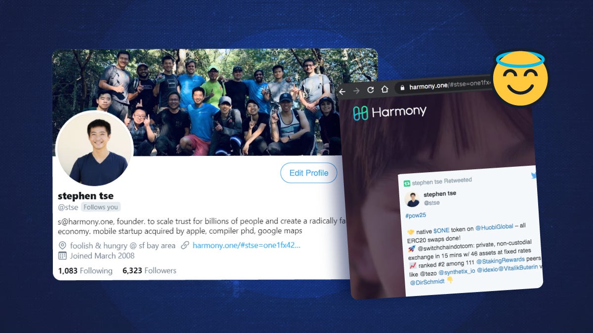 stse's tweet card. Introducing Harmony Angels 😇 — our Radically Decentralized Community 👩‍👩‍👧‍👦 with 250k ONE rewards per week. How? ..