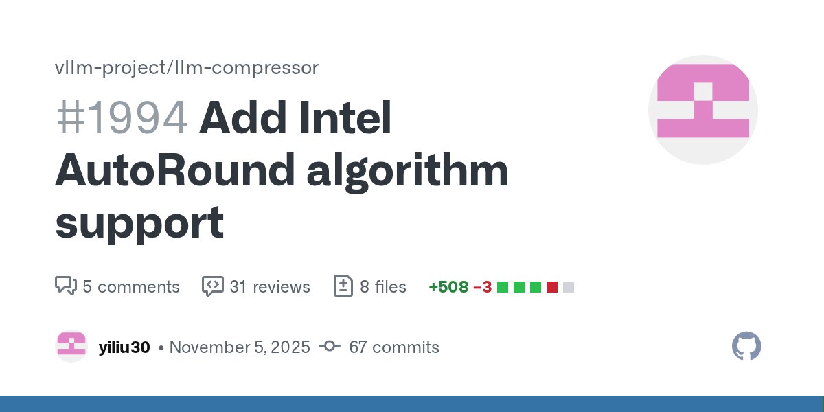 HaihaoShen's tweet card. Resolve #1968 Highlights Introduced AutoRoundModifier to enable AutoRound quantization for wNa16. Added an end-to-end example and unit tests. Verified functionality with local accuracy tests (GSM8...