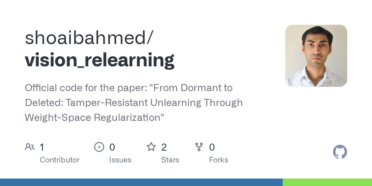 ShoaibASiddiqui's tweet card. Official code for the paper: "From Dormant to Deleted: Tamper-Resistant Unlearning Through Weight-Space Regularization" - shoaibahmed/vision_relearning