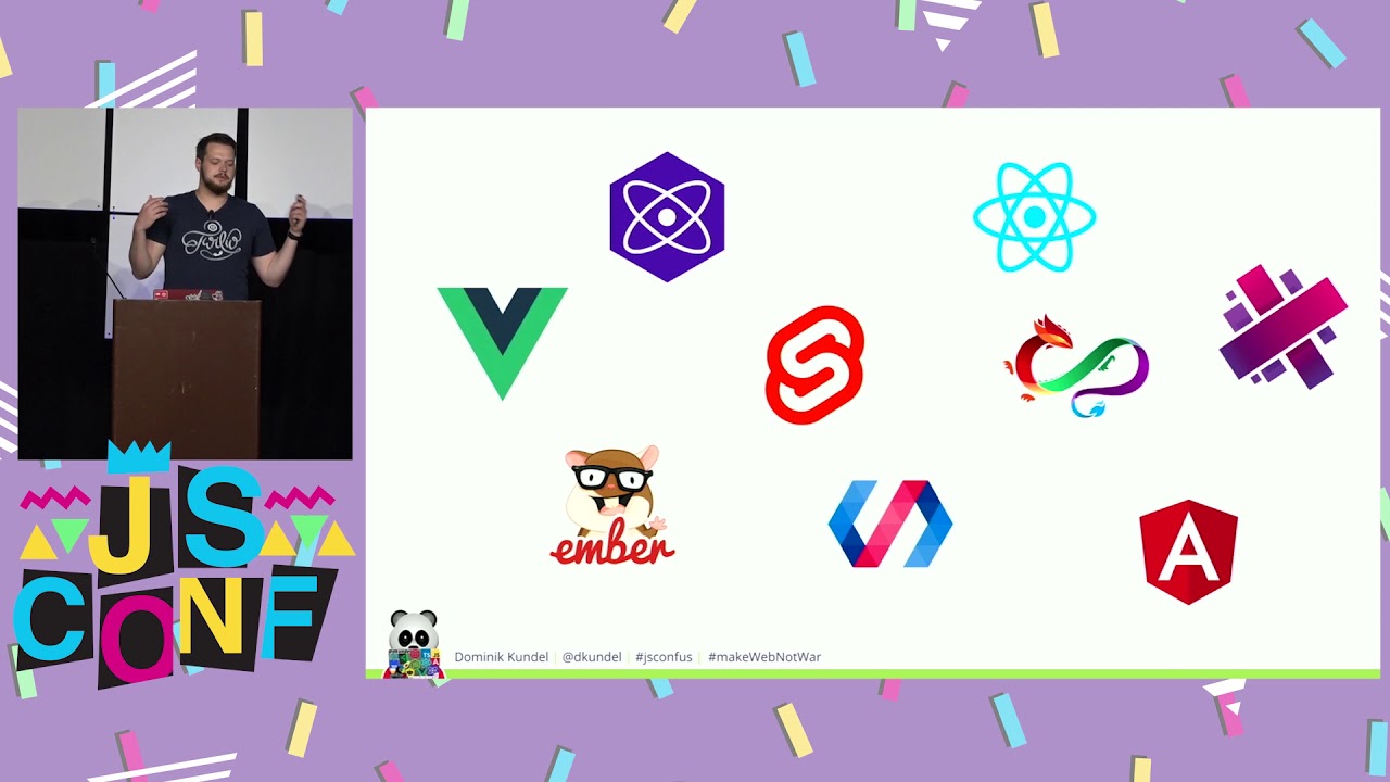 JSConfUS's tweet card. Make Web Not War - Dominik Kundel - JSConf US 2019