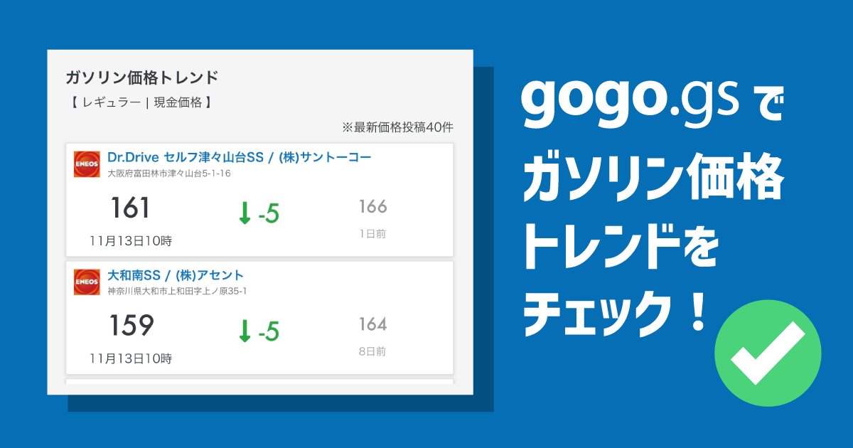 gogogs's tweet card. 暫定税率廃止へ向けて、11月13日より ガソリン補助金が段階的に増額へ！ガソリン価格はいつから値下がりする？ ガソリン価格の最新の値動きの傾向を確認できる【ガソリン価格トレンド】を公開しました。