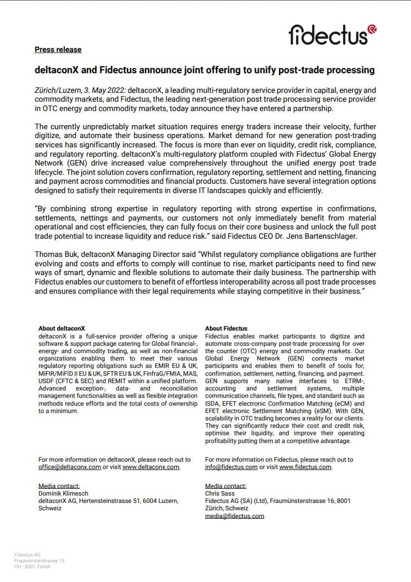 fidectus's tweet card. deltaconX and Fidectus have entered a partnership to unify regulatory reporting, confirmation (EFET eCM) and settlement (EFET eSM) of OTC energy trades.