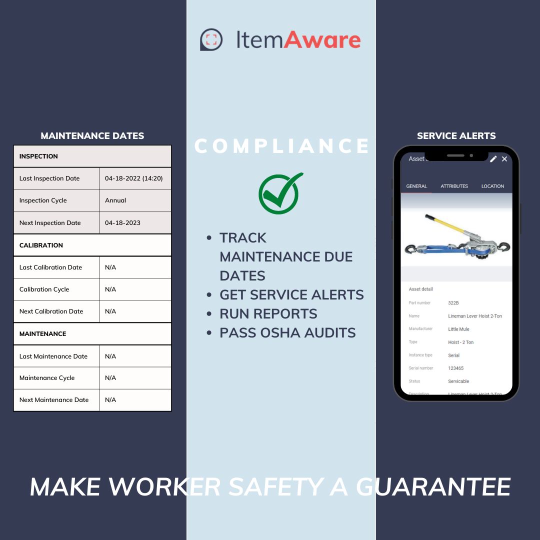 awareapps's tweet card. ItemAware focuses on compliance and worker safety. You can track your tool's calibration, maintenance & inspection dates, receive alerts when service is needed, and pass OSHA audits when using this...