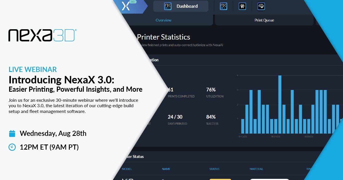 Nexa3D's tweet card. Join our live webinar on 8/28 for an exclusive 30-minute webinar where we'll introduce you to NexaX 3.0 software.