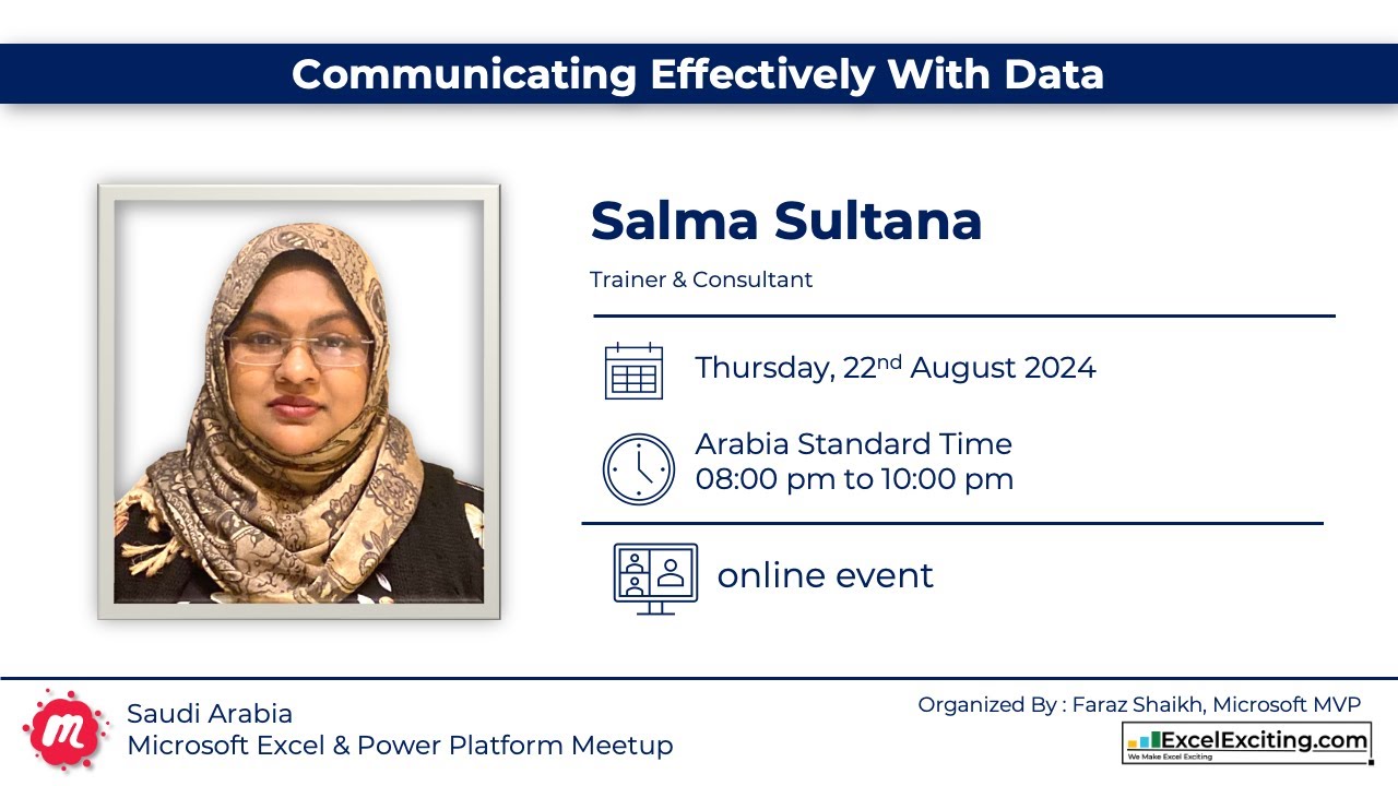 ExcelExciting's tweet card. Communicating effectively with data with Salma Sultana
