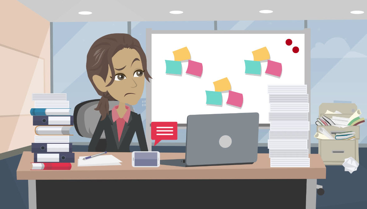 tomdupont's tweet card. Heather's system is a bit scattered, with 20 to-do items, 40 new emails, 4000 old emails, 5 new texts, sticky notes, piles, note pads from meetings, performance goals, projects ..