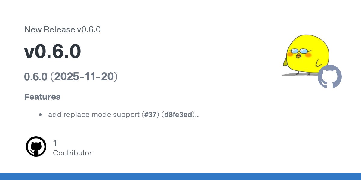 koki_develop's tweet card. 0.6.0 (2025-11-20) Features add replace mode support (#37) (d8fe3ed) Bug Fixes deps: update dependency ora to v9 (#30) (f0dfa17)