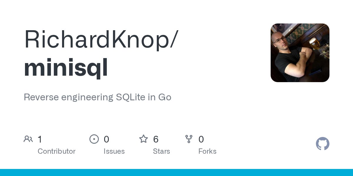 richardknop's tweet card. Reverse engineering SQLite in Go. Contribute to RichardKnop/minisql development by creating an account on GitHub.