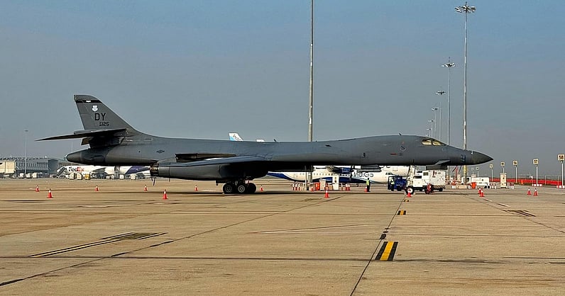 harshityadav95's tweet card. Bengaluru Airport: US Air Force’s B-1B Lancer bomber lands ahead of Exercise Cope India 2025, underscoring growing Indo-US defence ties.