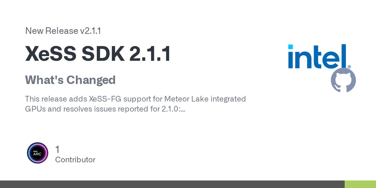 wangkaidev's tweet card. What's Changed This release adds XeSS-FG support for Meteor Lake integrated GPUs and resolves issues reported for 2.1.0: XeSS-SR Improves error reporting when creating context on very old dri...