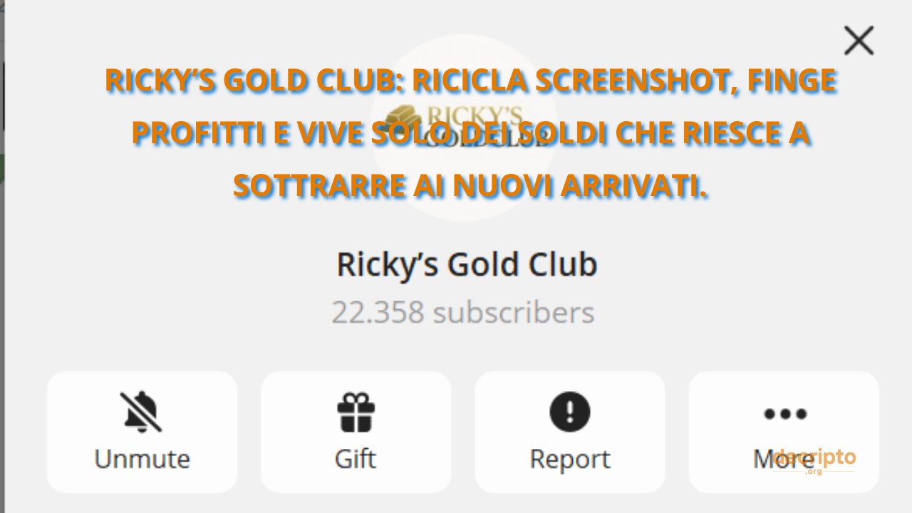 ForVad72's tweet card. Ricky’s Gold Club è uno schema Ponzi che usa screenshot falsi, profitti simulati e reinvestimenti forzati per raccogliere denaro dai nuovi membri.