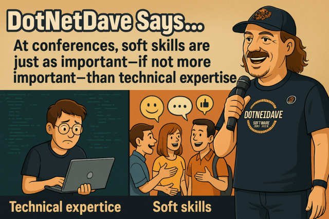 realDotNetDave's tweet card. The author reflects on two decades of speaking engagements, emphasizing the importance of soft skills in software engineering over mere technical knowledge. They argue that communication, empathy, …